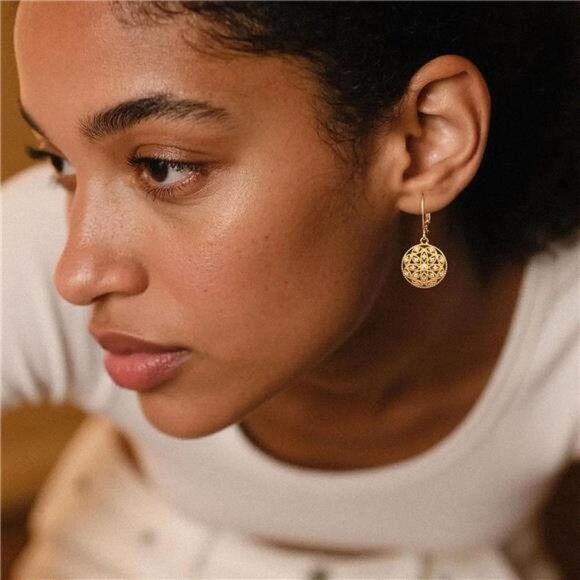 ✨ 14K Gold Leverback Dangle Earrings – CZ Circle Drop Sterling Silver Jewelry - Picture 2 of 5